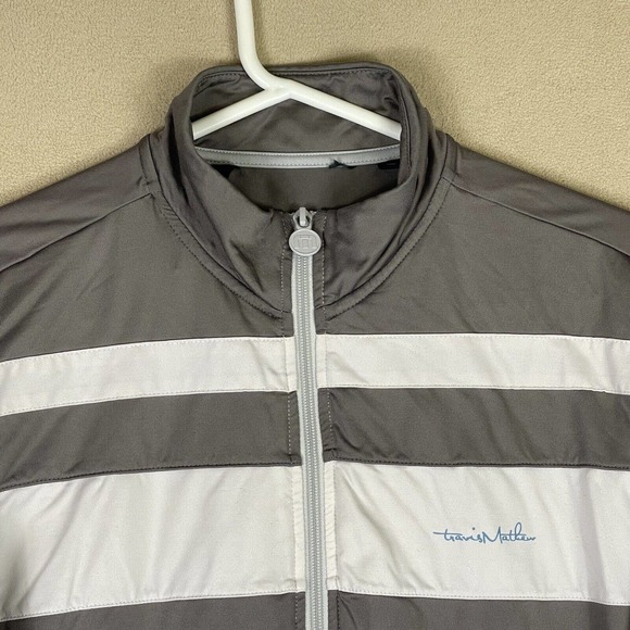 Travis Mathew Mens L Full Zip Golf Jacket Mock Neck Pockets Stretch Gray Striped - Picture 2 of 15